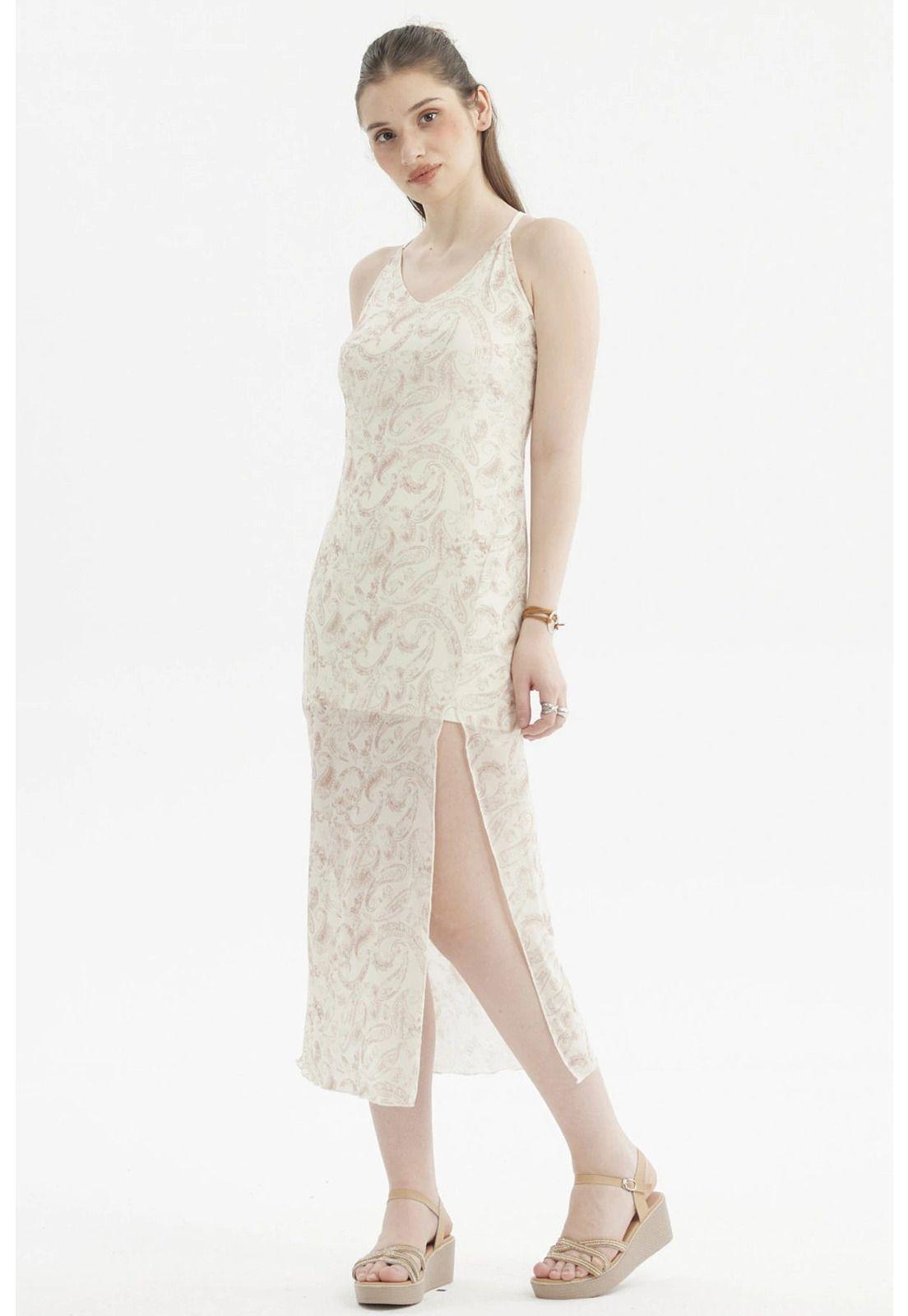 Vestido Mujer Pabilo Largo Estampado Crema-0