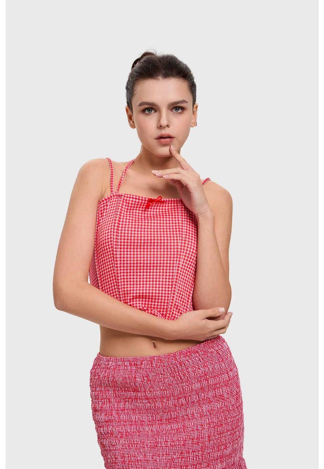 Polera Mujer Corset Vichy Rojo-0