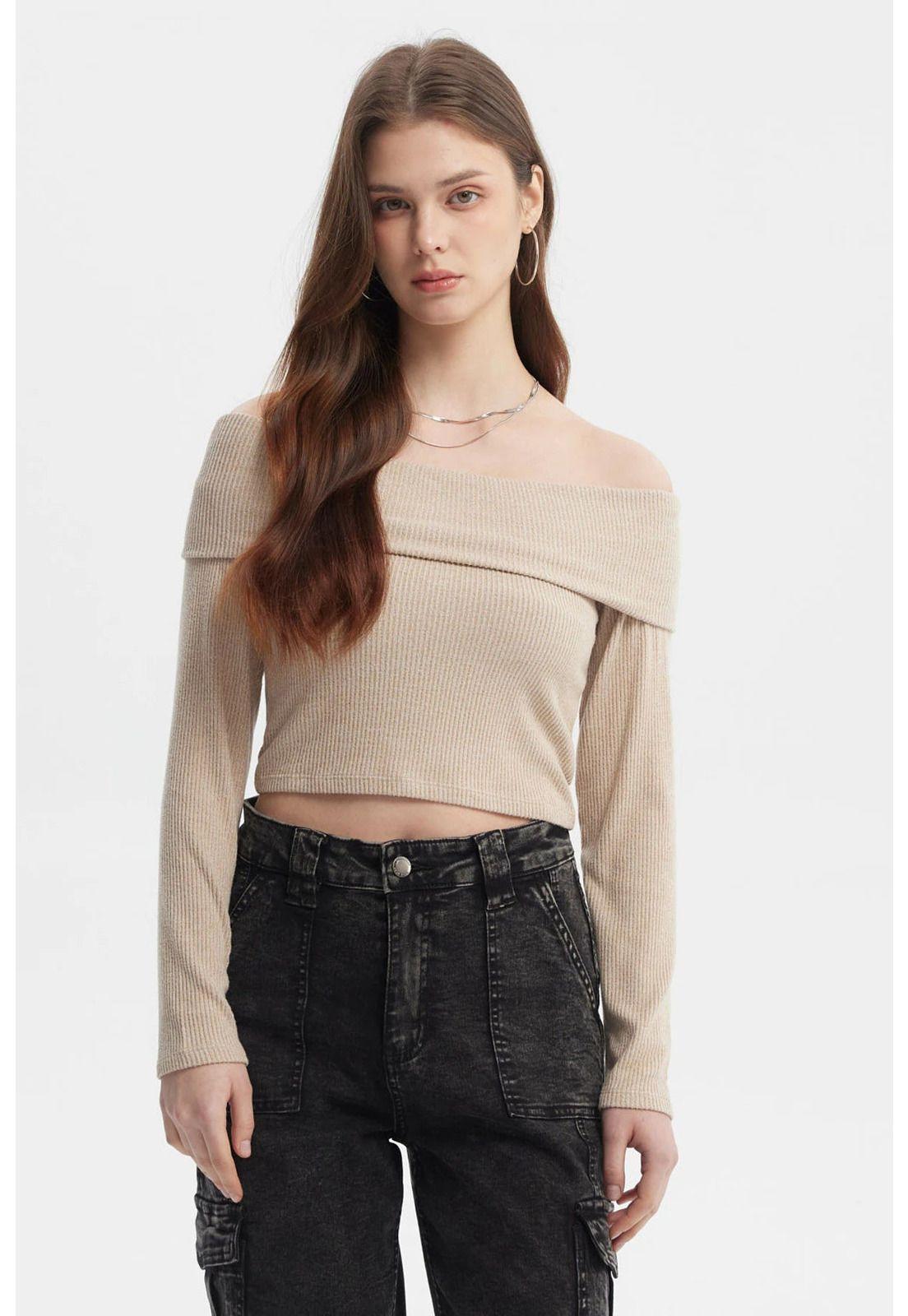 Polera Mujer Slim Hombro Descubierto Beige-0