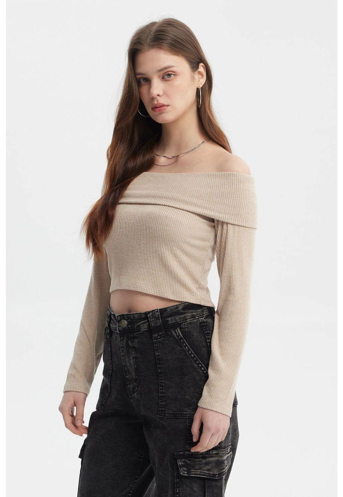 Polera Mujer Slim Hombro Descubierto Beige-1