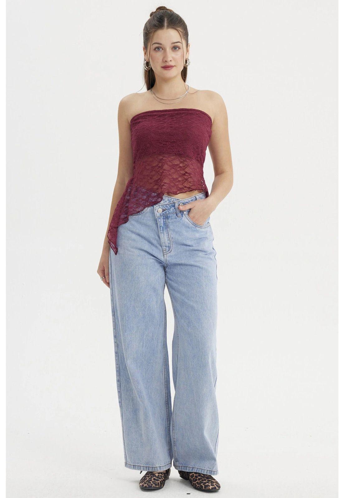Polera Mujer Strapless Encaje Vino Oscuro-3