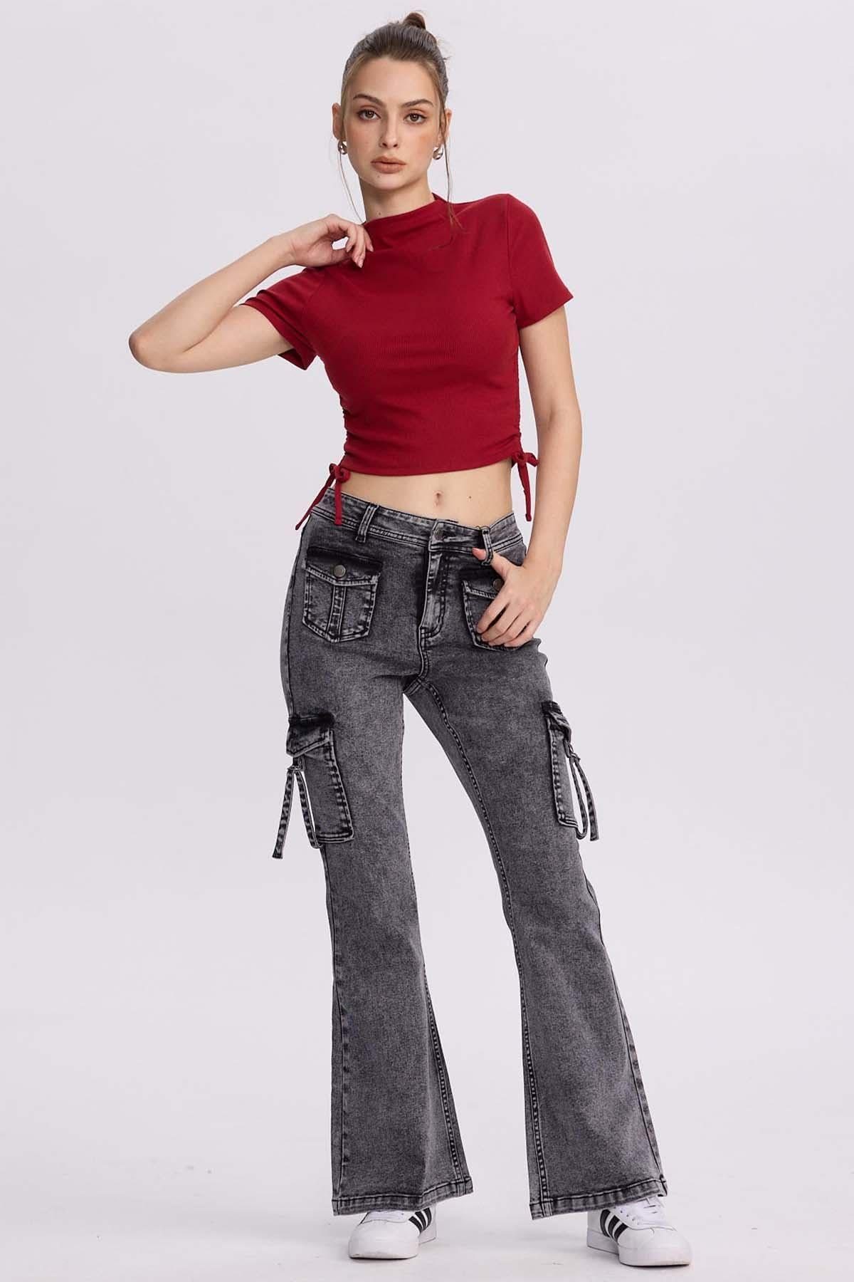Jeans Mujer Flare Cargo Gris-3