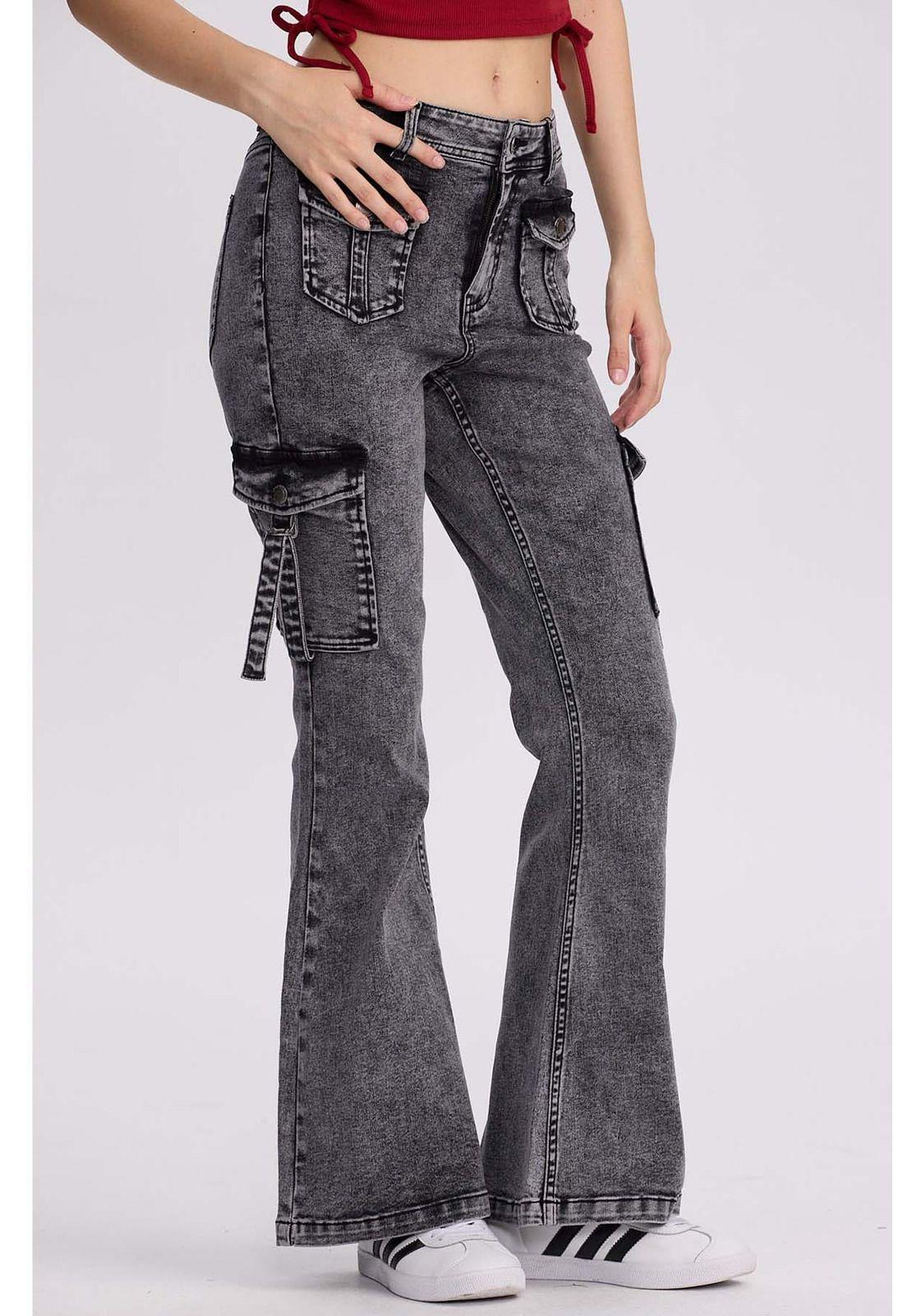 Jeans Mujer Flare Cargo Gris-0