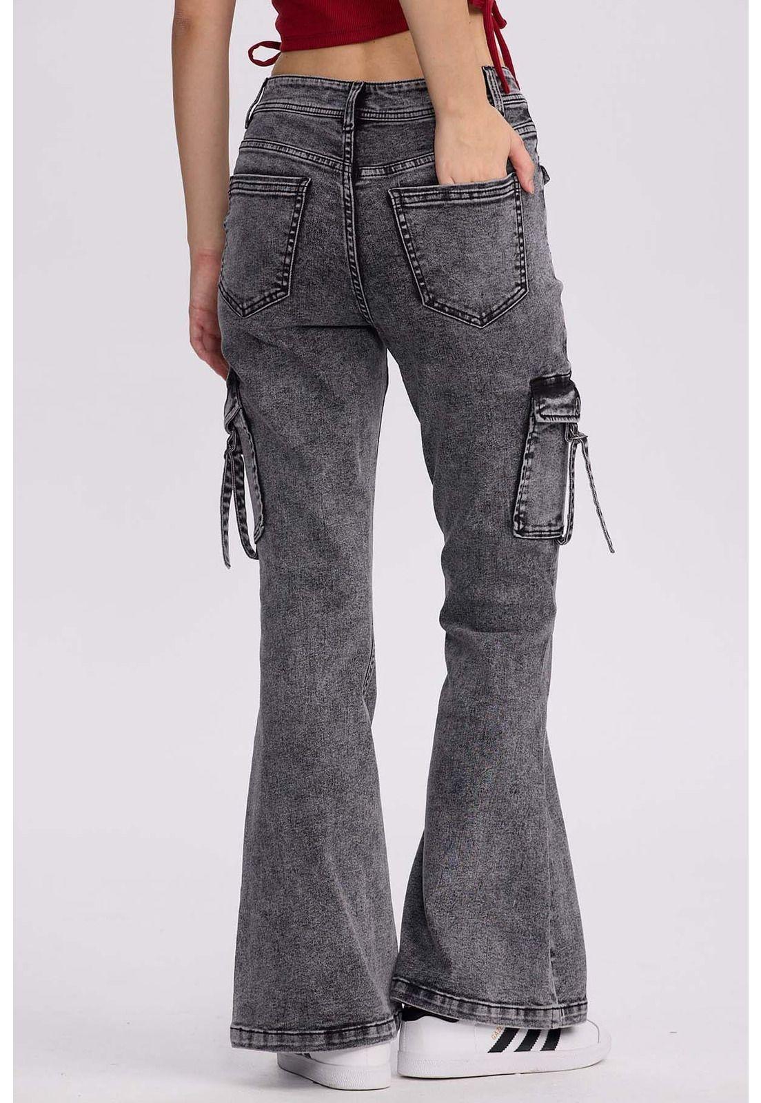 Jeans Mujer Flare Cargo Gris-2