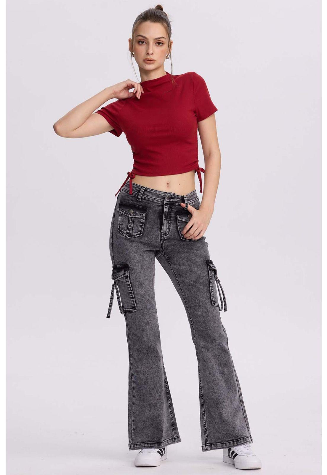 Jeans Mujer Flare Cargo Gris-3
