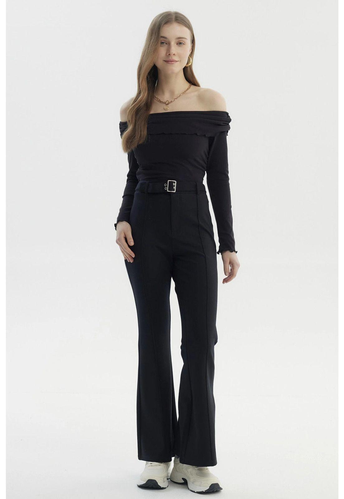 Pantalón Mujer Flare Cinturón Negro-3
