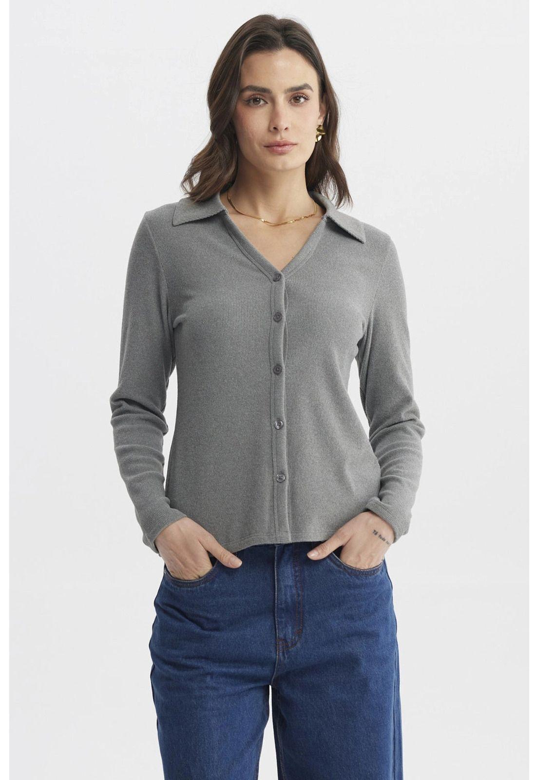 Sweater Mujer Cuello Camisero Gris Marengo-0