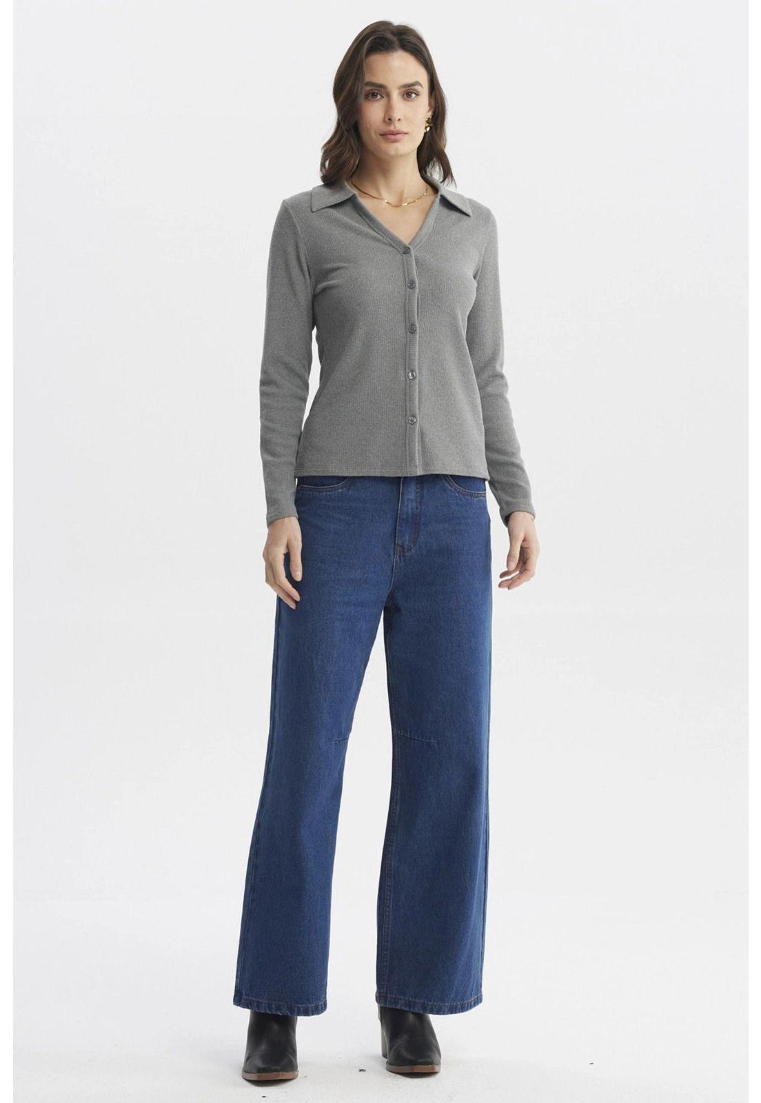 Sweater Mujer Cuello Camisero Gris Marengo-3