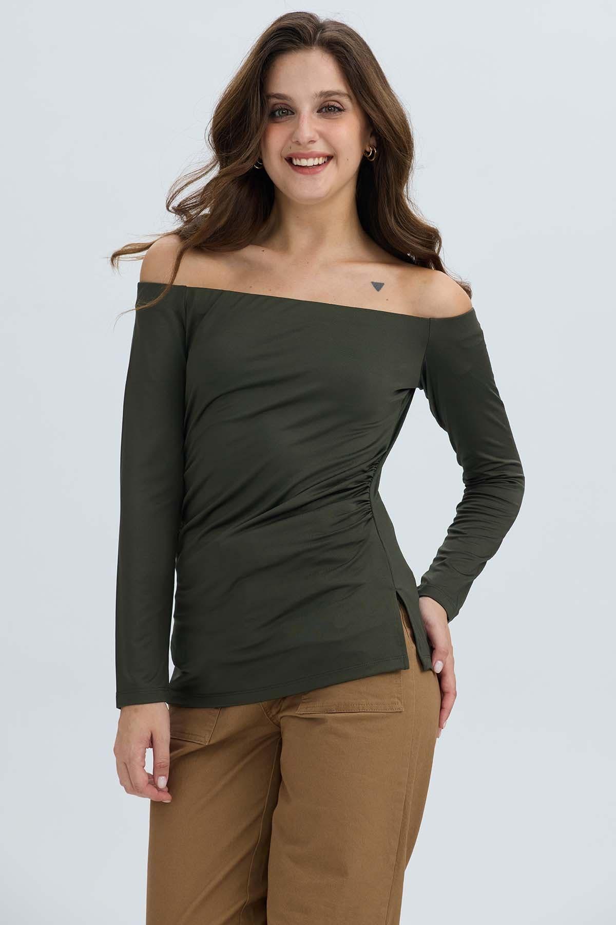 Polera Mujer Escote Bardot Verde Militar-1