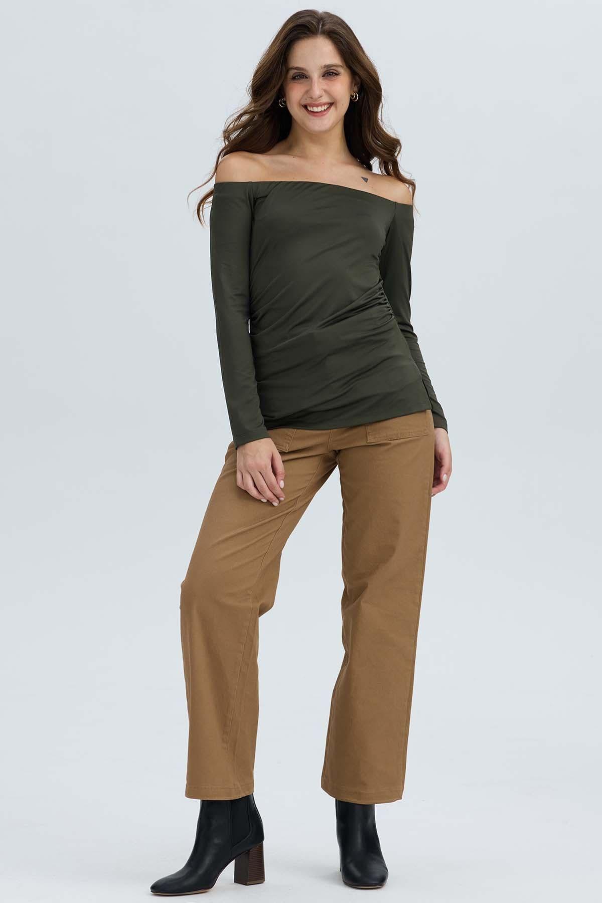 Polera Mujer Escote Bardot Verde Militar-3