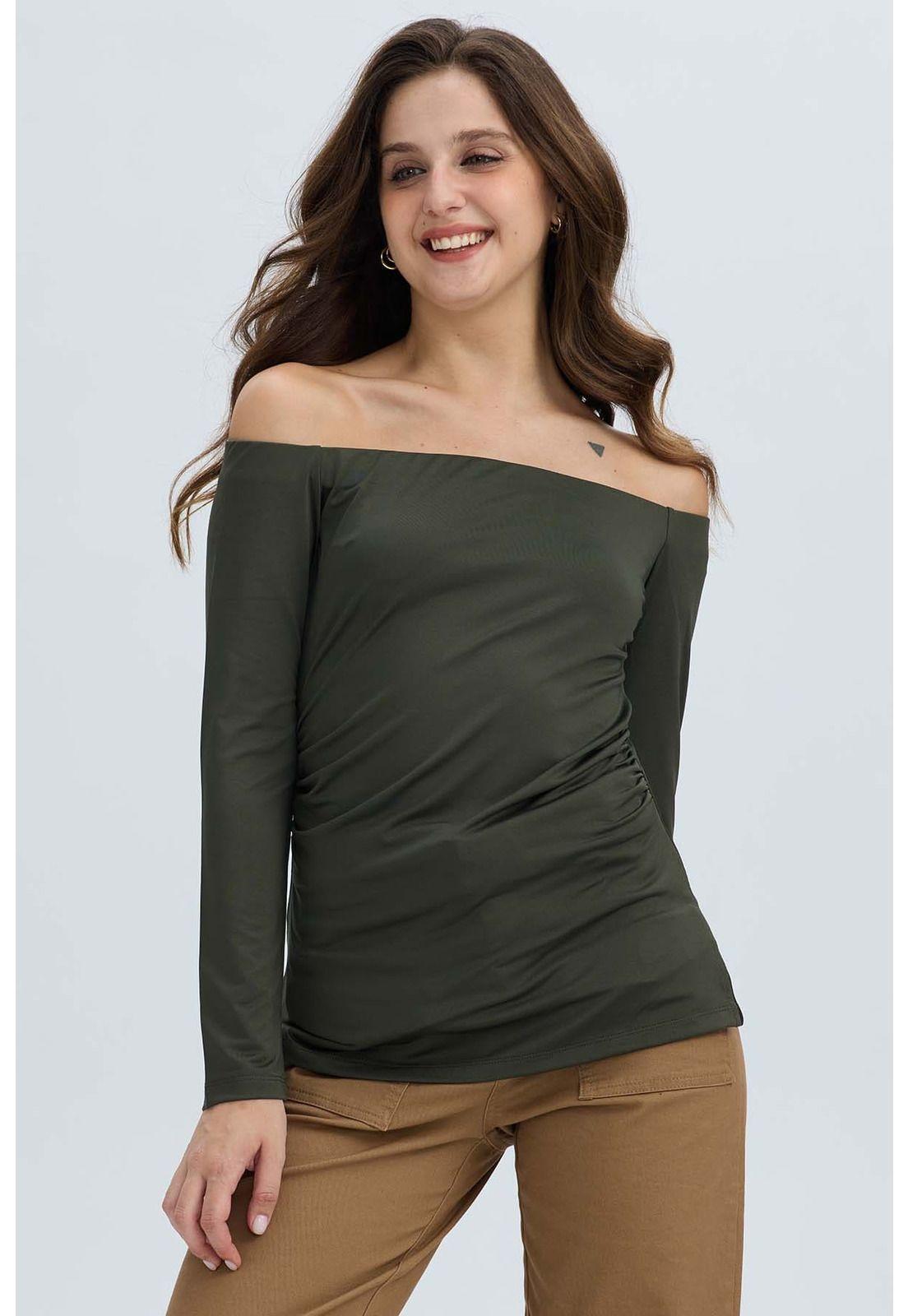Polera Mujer Escote Bardot Verde Militar-0