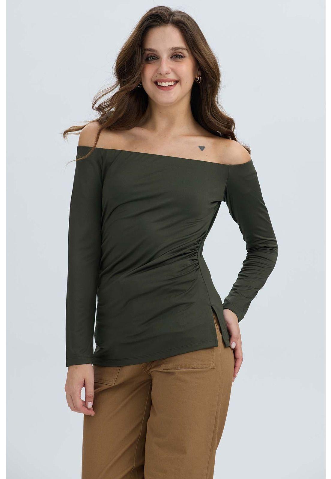 Polera Mujer Escote Bardot Verde Militar-1