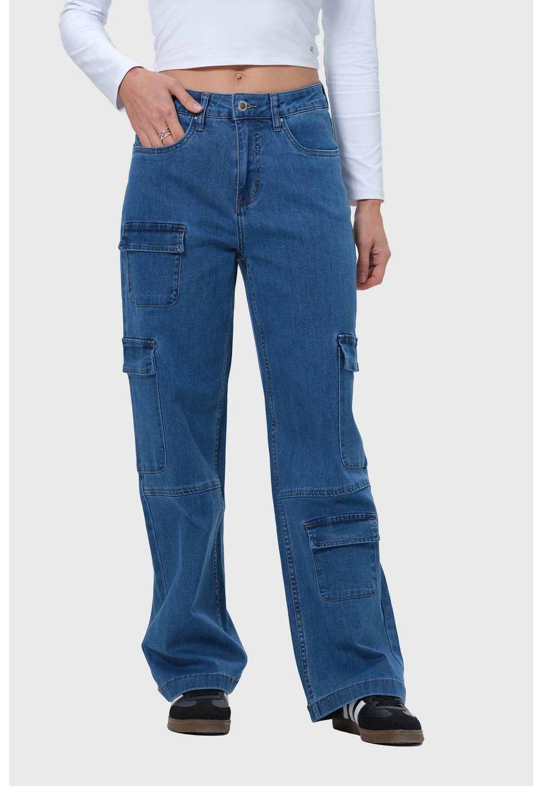 Jeans Mujer Cargo Calce Recto Azul - VII-0