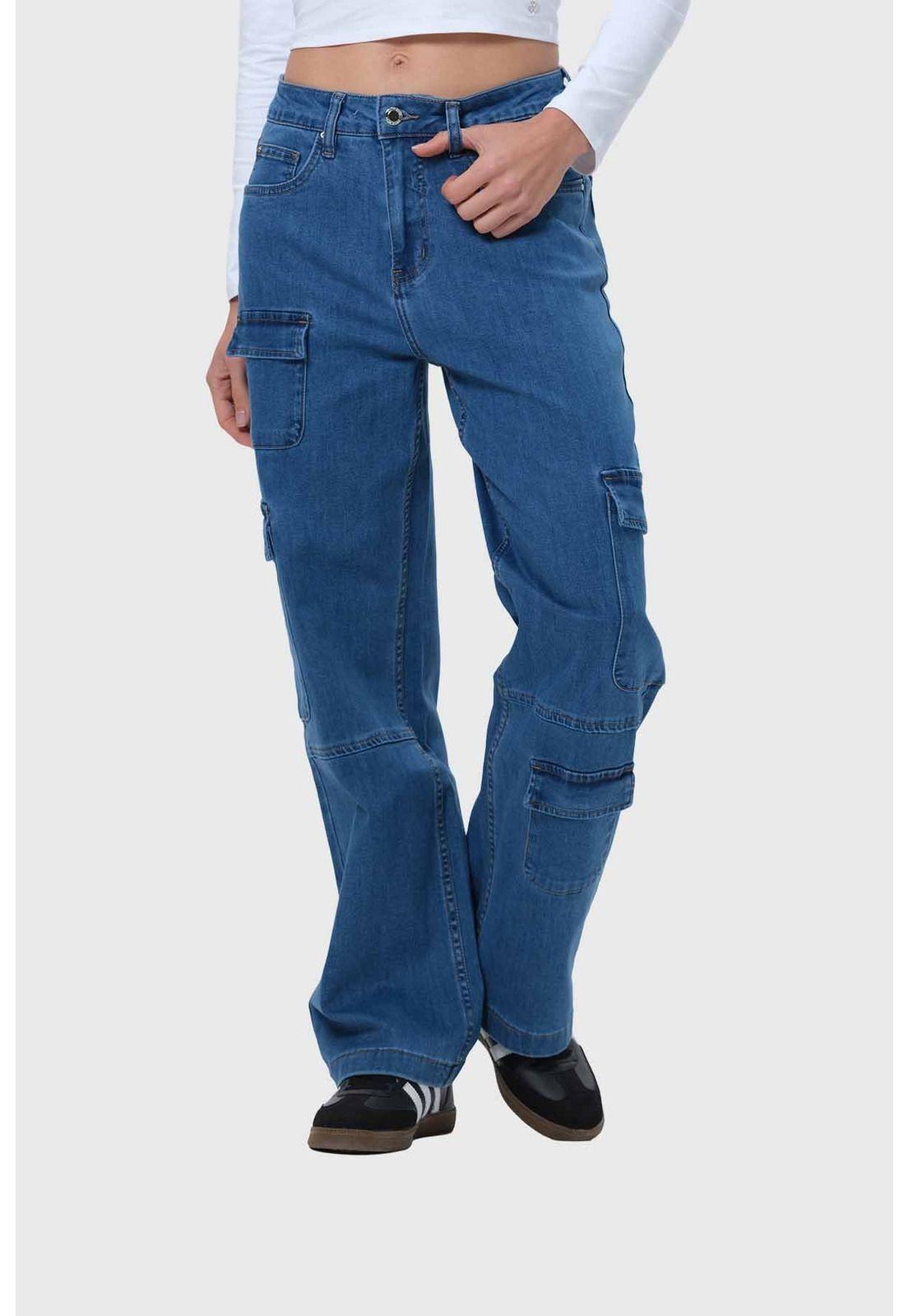 Jeans Mujer Cargo Calce Recto Azul - VII-1