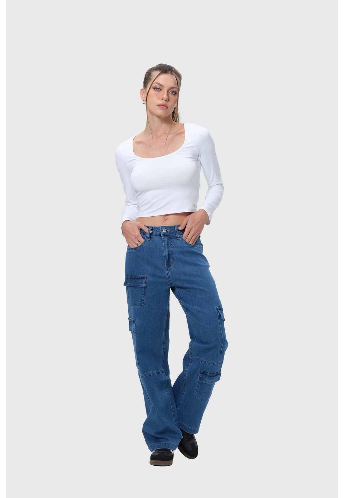 Jeans Mujer Cargo Calce Recto Azul - VII-3