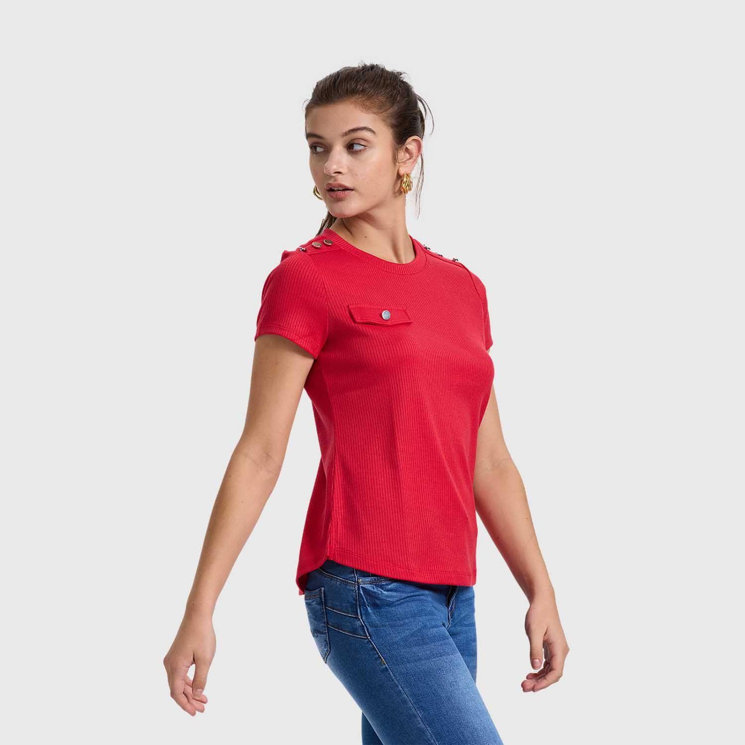 Polera Mujer Rib Lisa Botones Rojo Fashion's Park-1