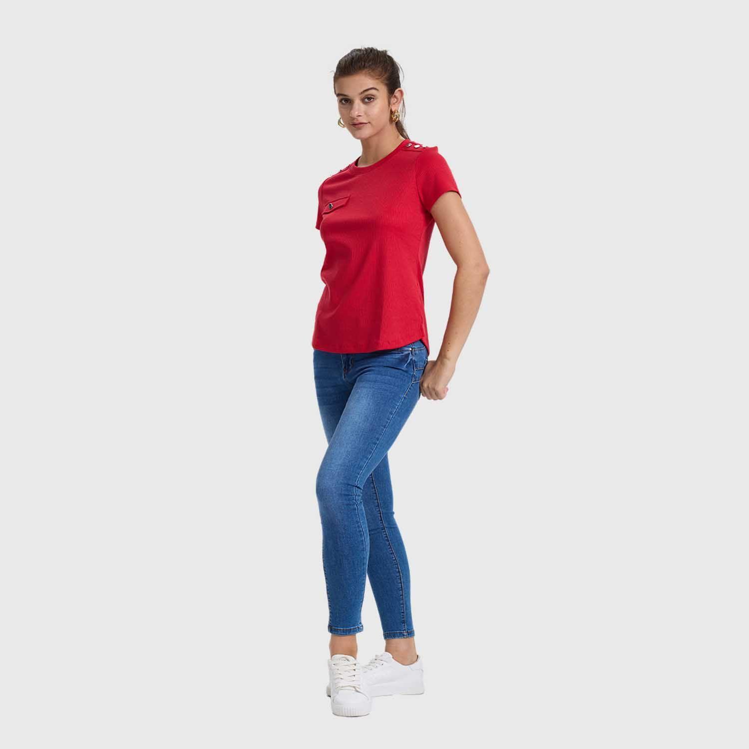 Polera Mujer Rib Lisa Botones Rojo Fashion's Park-3