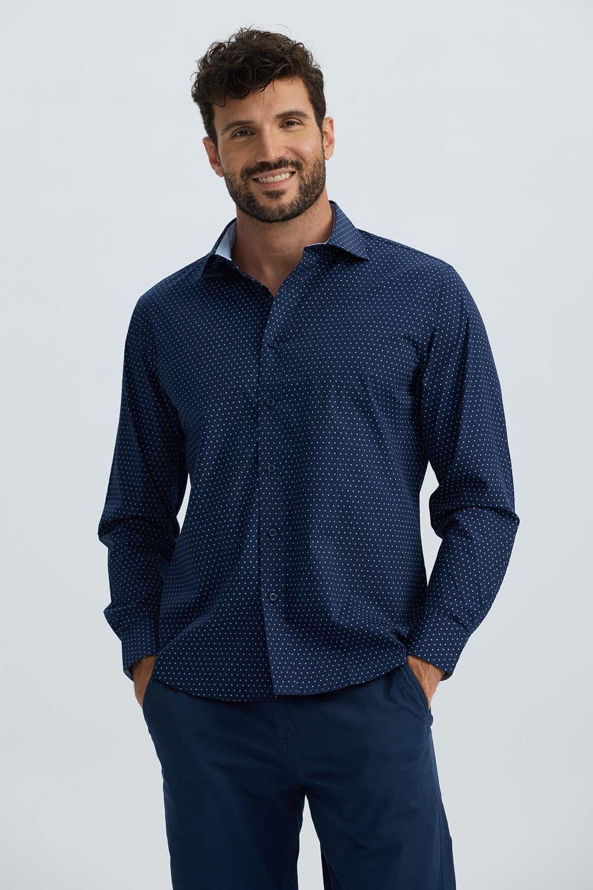 Camisa Hombre Cuello Italiano Azul Marino-0