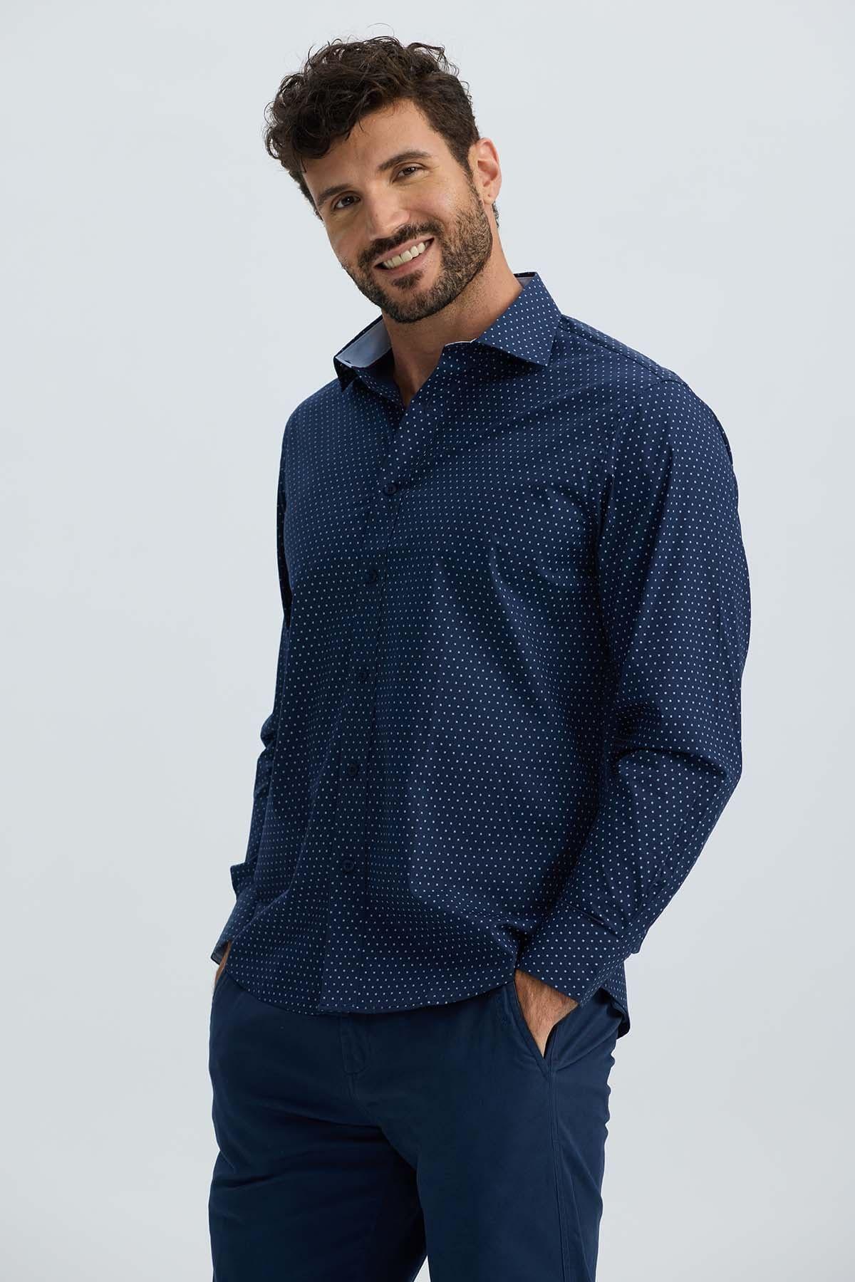 Camisa Hombre Cuello Italiano Azul Marino-1