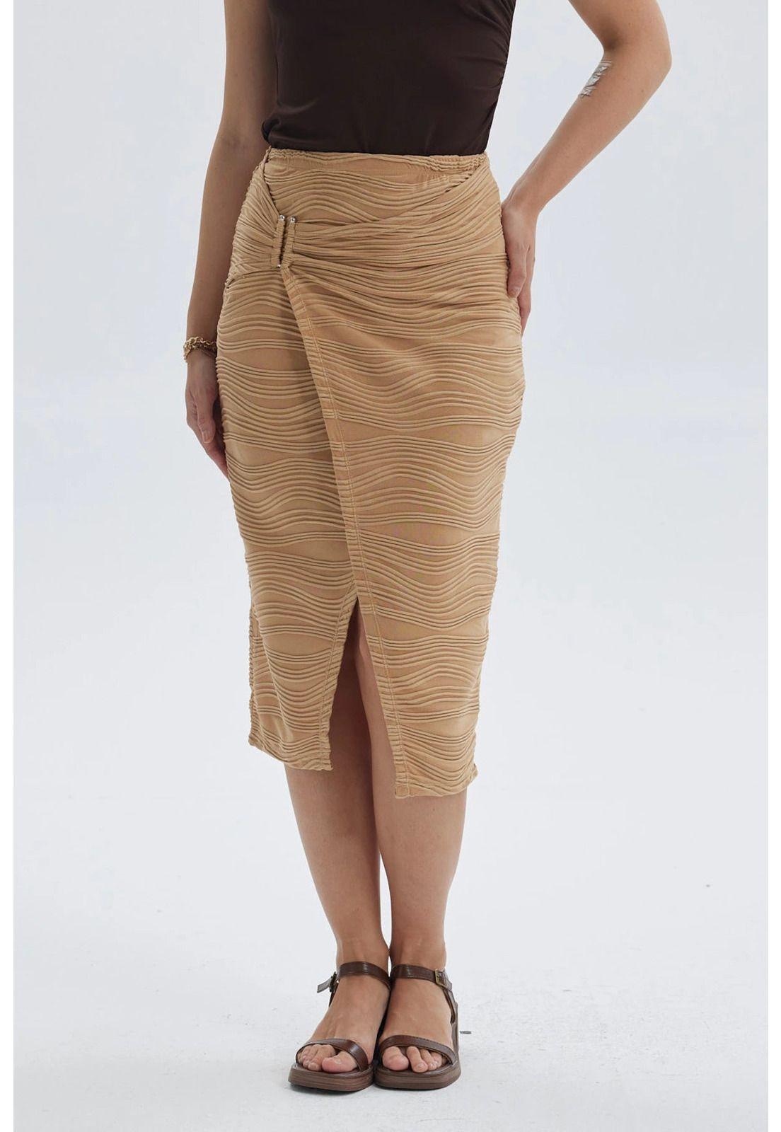 Falda Mujer Midi Cruzada Con Textura Camel-0