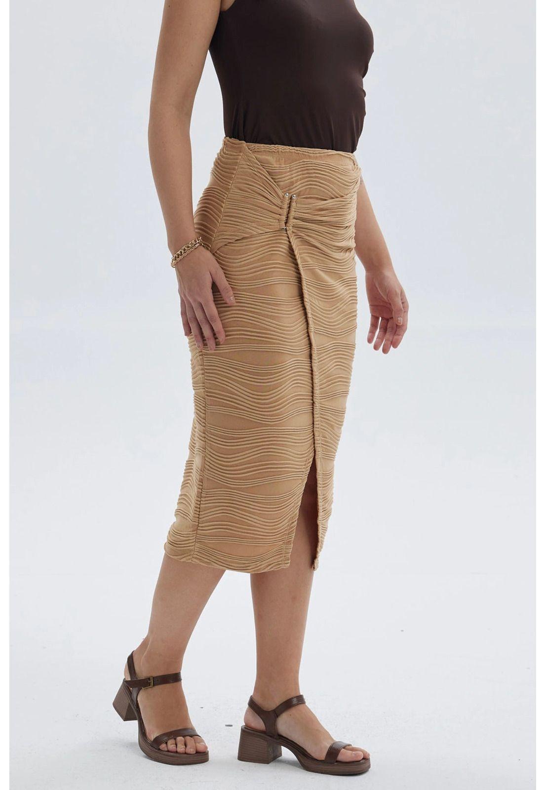 Falda Mujer Midi Cruzada Con Textura Camel-1