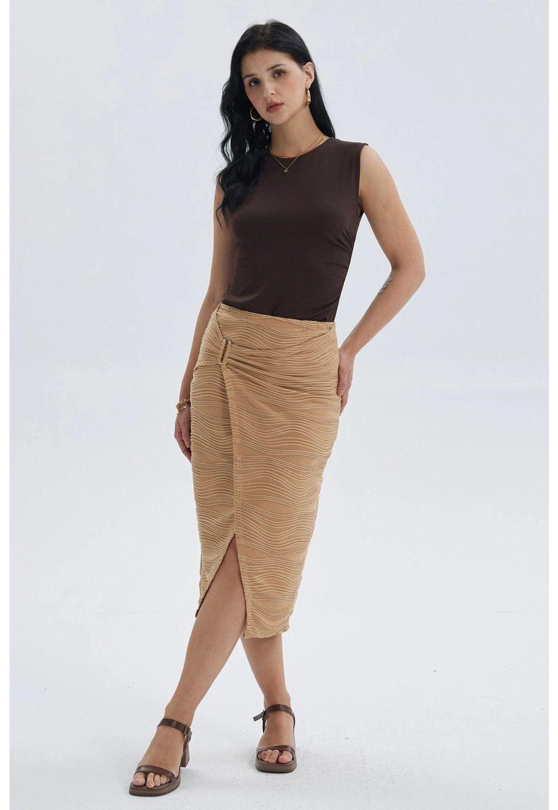 Falda Mujer Midi Cruzada Con Textura Camel-3