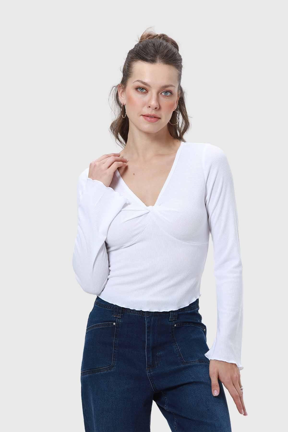 Polera Mujer Escote V Manga Flare Blanco-4