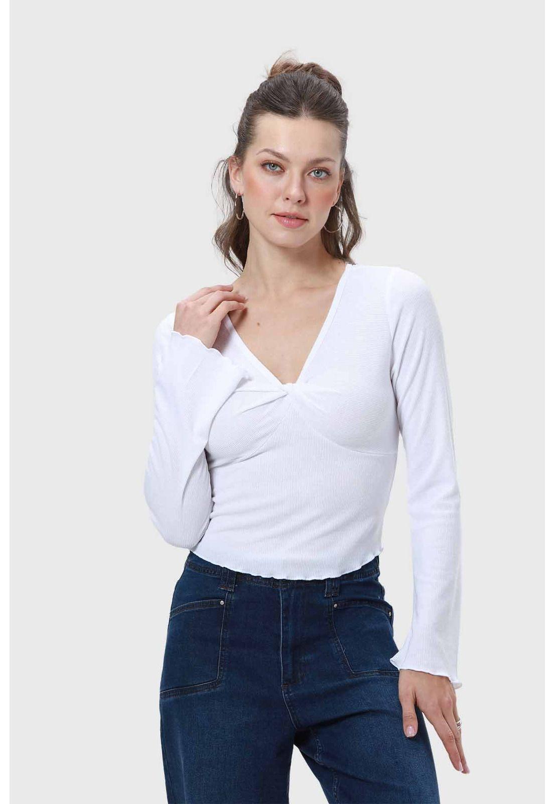 Polera Mujer Escote V Manga Flare Blanco-0