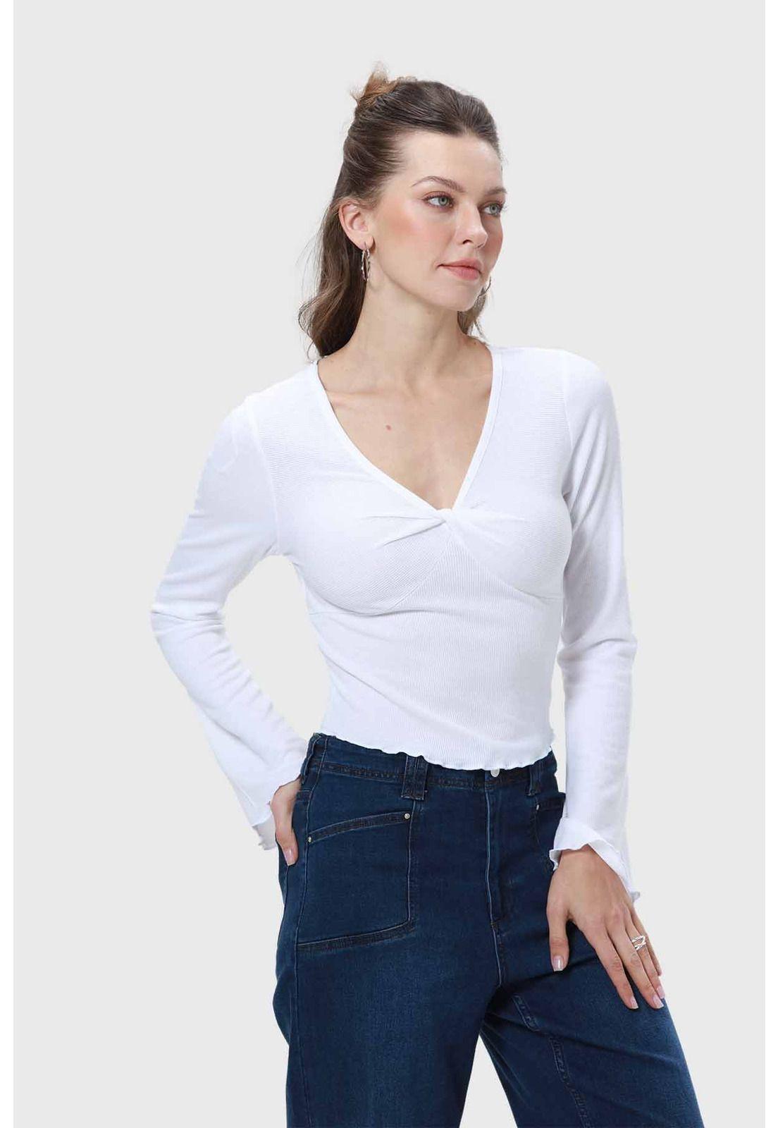 Polera Mujer Escote V Manga Flare Blanco-1