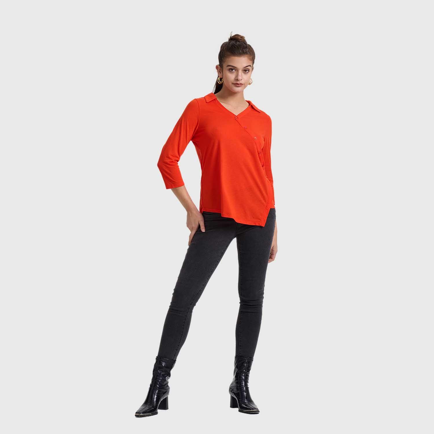 Polera Mujer Botones Diagonal Naranjo Oscuro Fashion's Park-3
