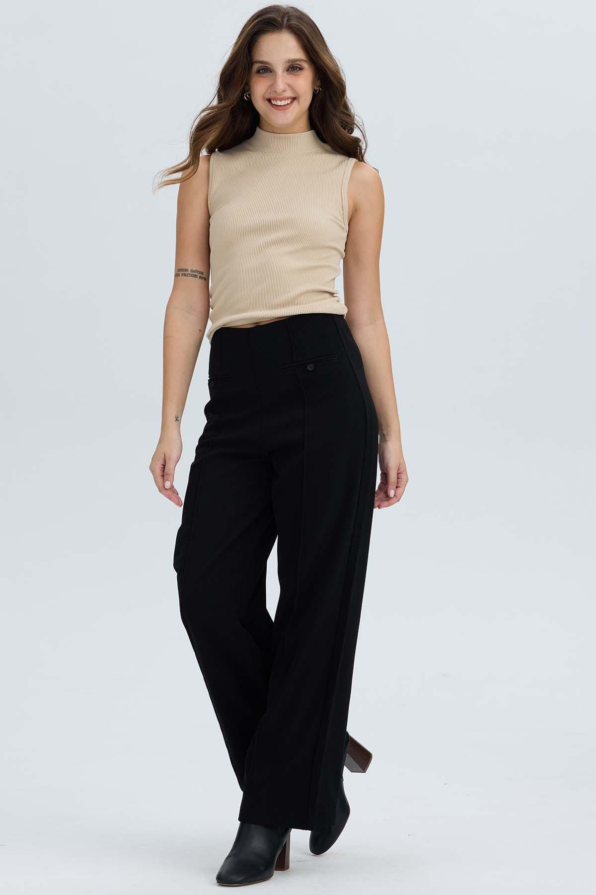Pantalón Mujer Sastrero Tapetas Delanteras Negro-3
