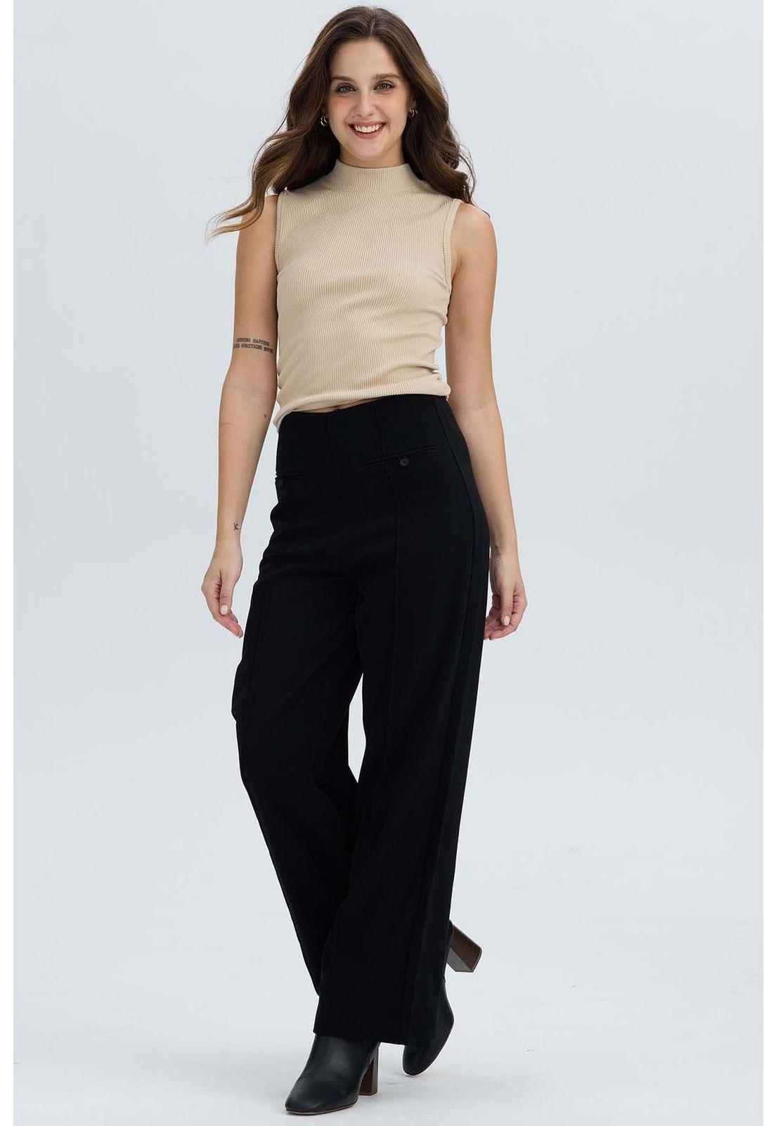 Pantalón Mujer Sastrero Tapetas Delanteras Negro-0