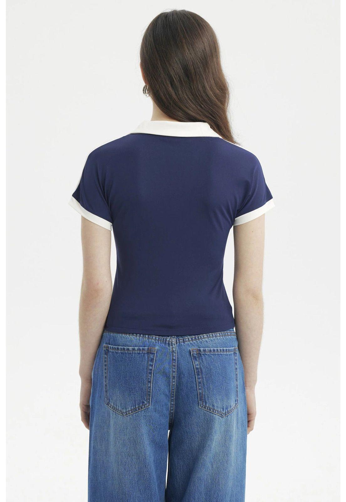 Polera Mujer Color Cuello Polo Azul-2