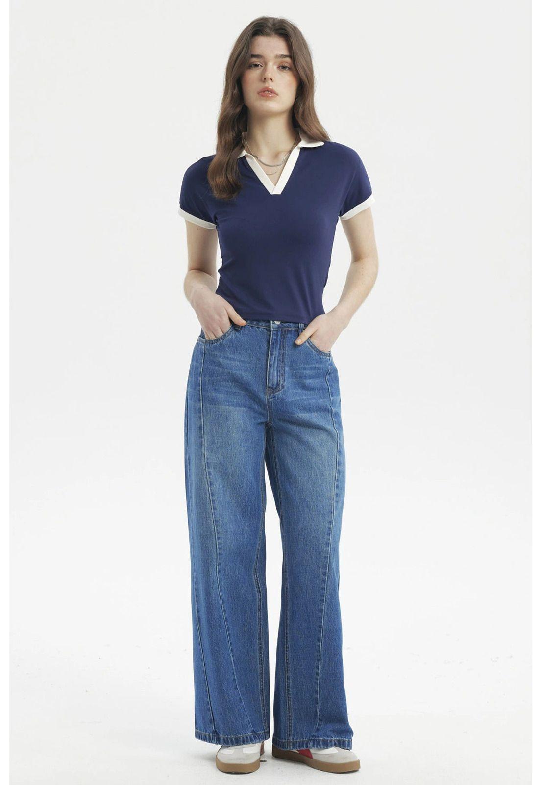 Polera Mujer Color Cuello Polo Azul-3