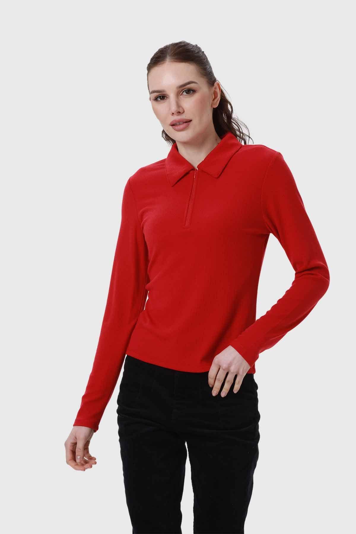 Polera Mujer Medio Cierre Estampado Rojo-0