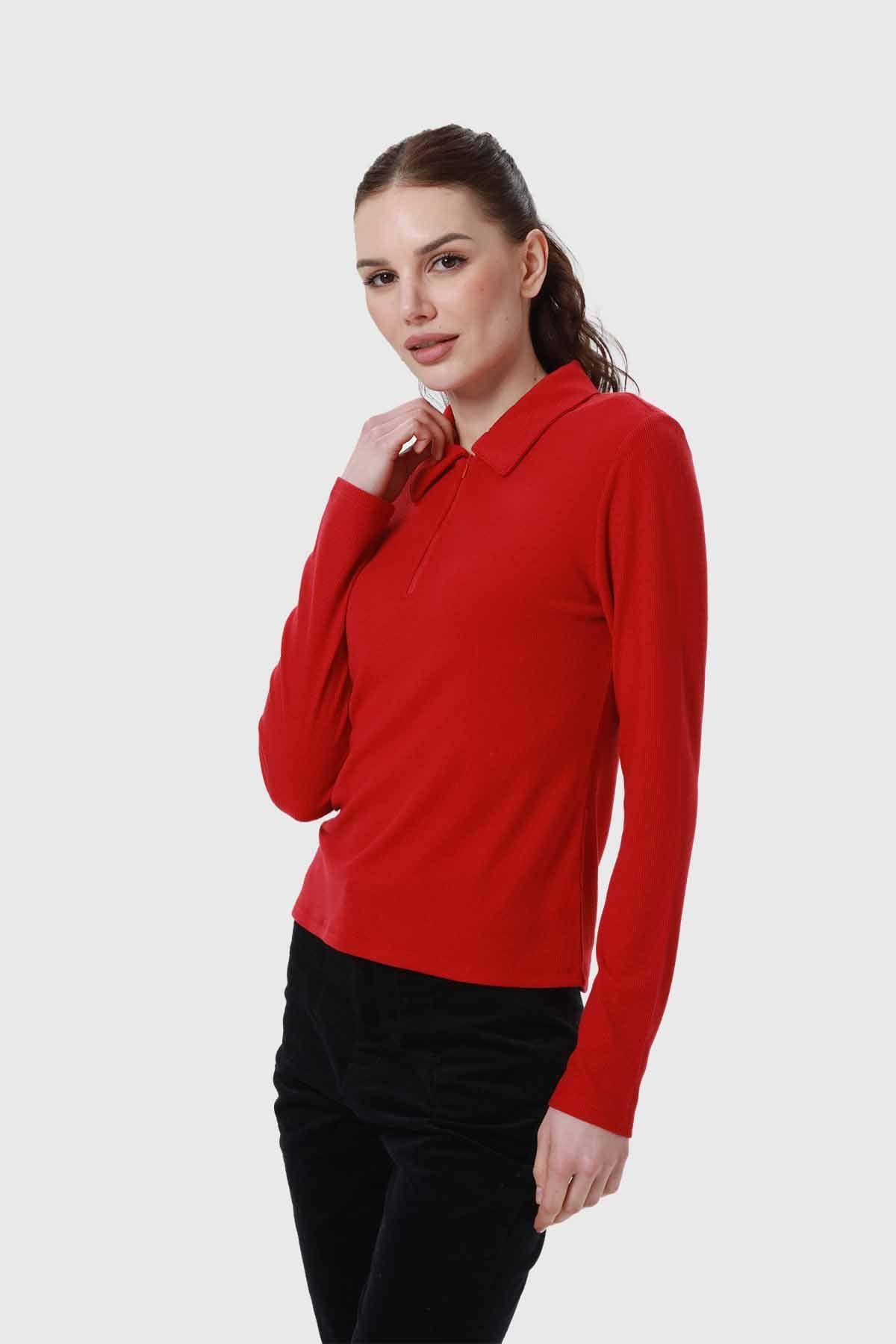 Polera Mujer Medio Cierre Estampado Rojo-1