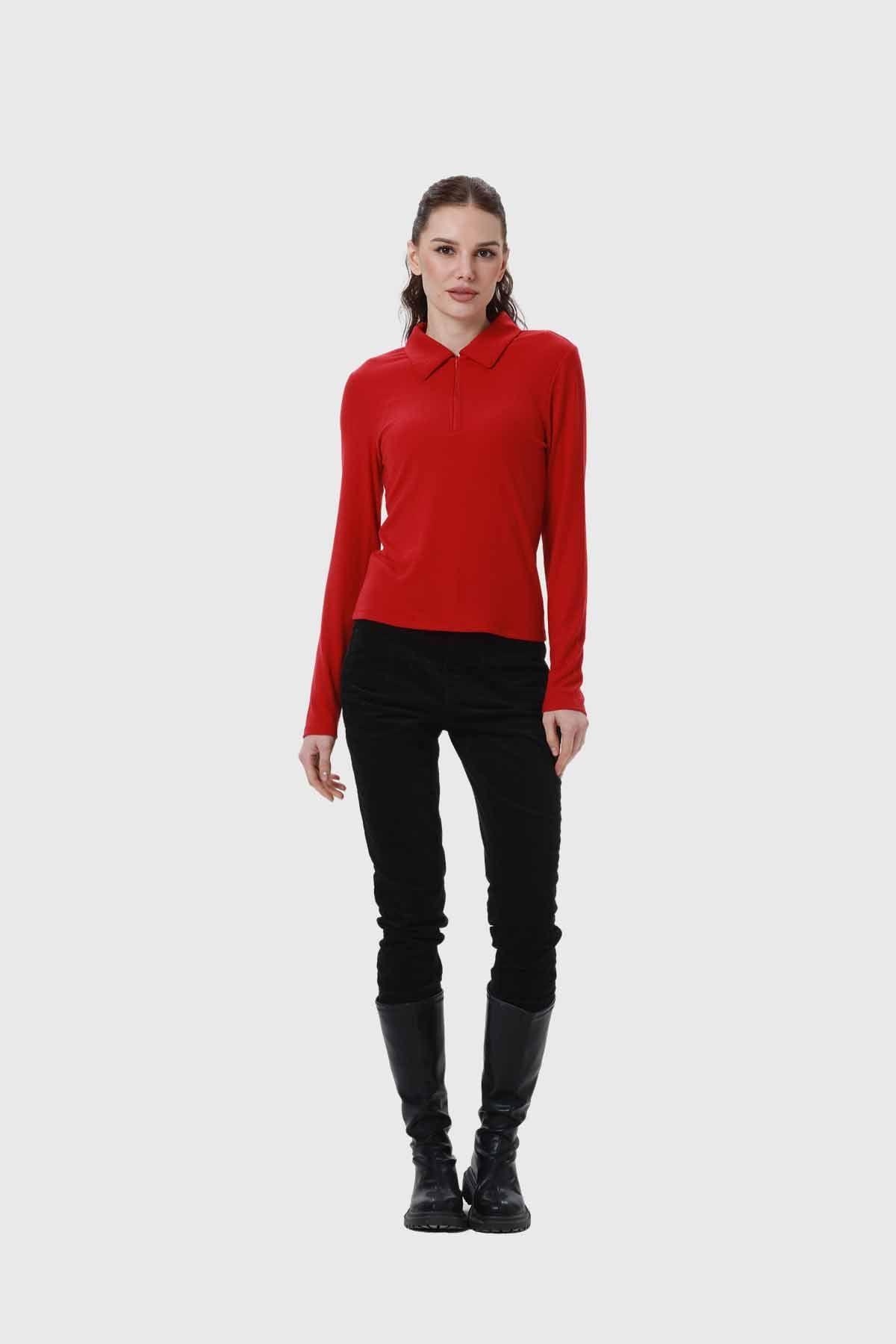 Polera Mujer Medio Cierre Estampado Rojo-3