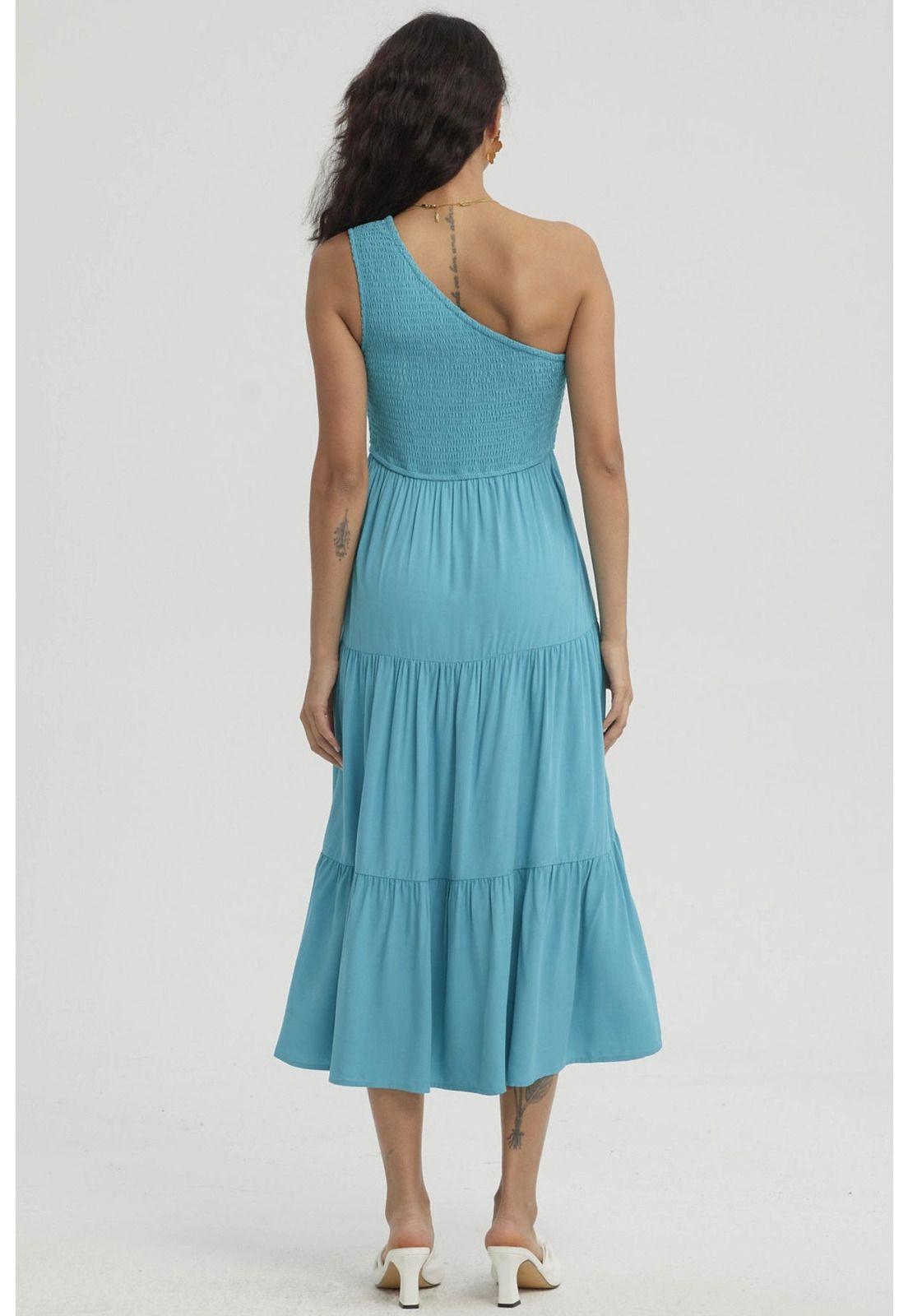 Vestido Mujer Hombro Asimétrico Turquesa-2