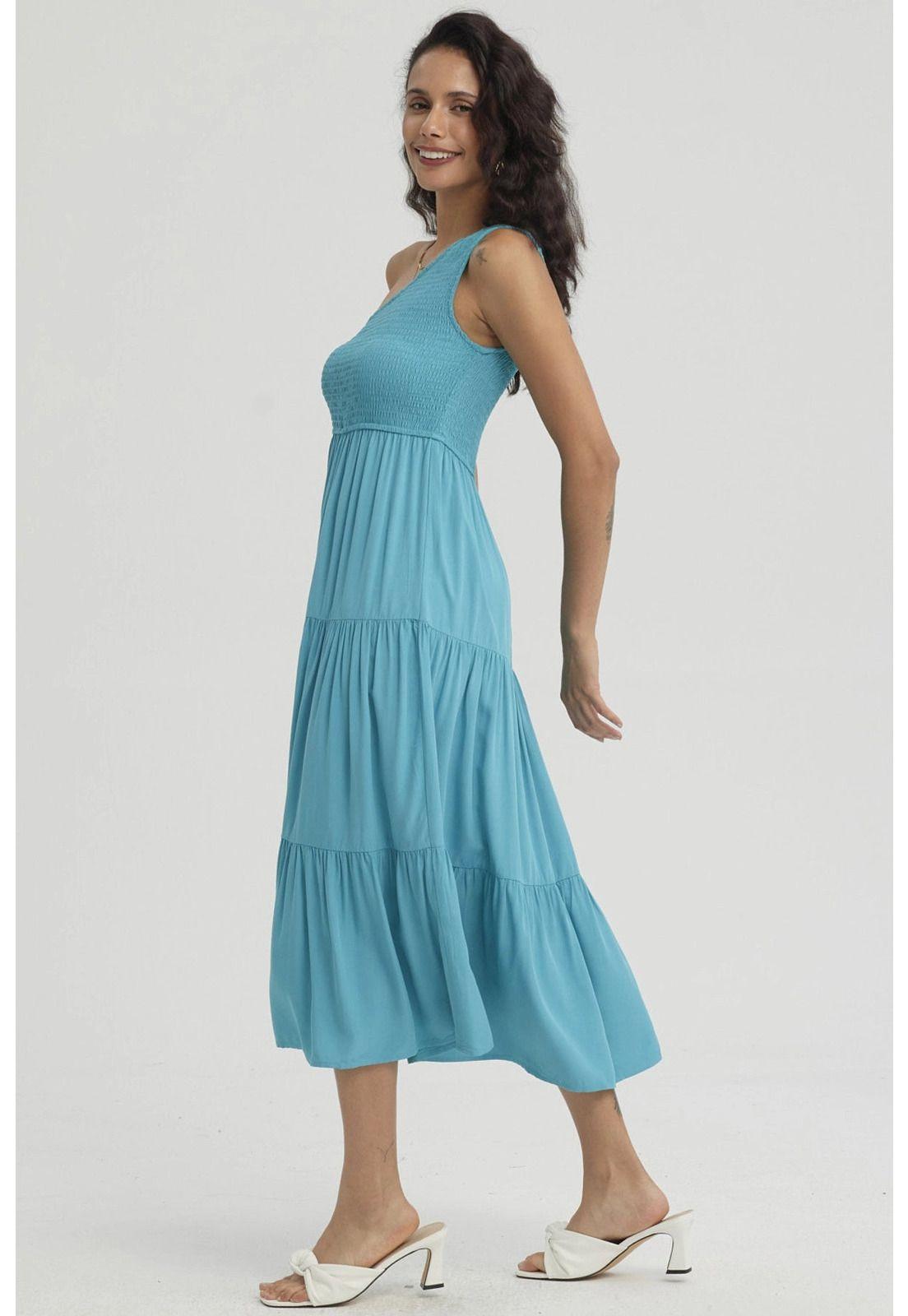 Vestido Mujer Hombro Asimétrico Turquesa-3