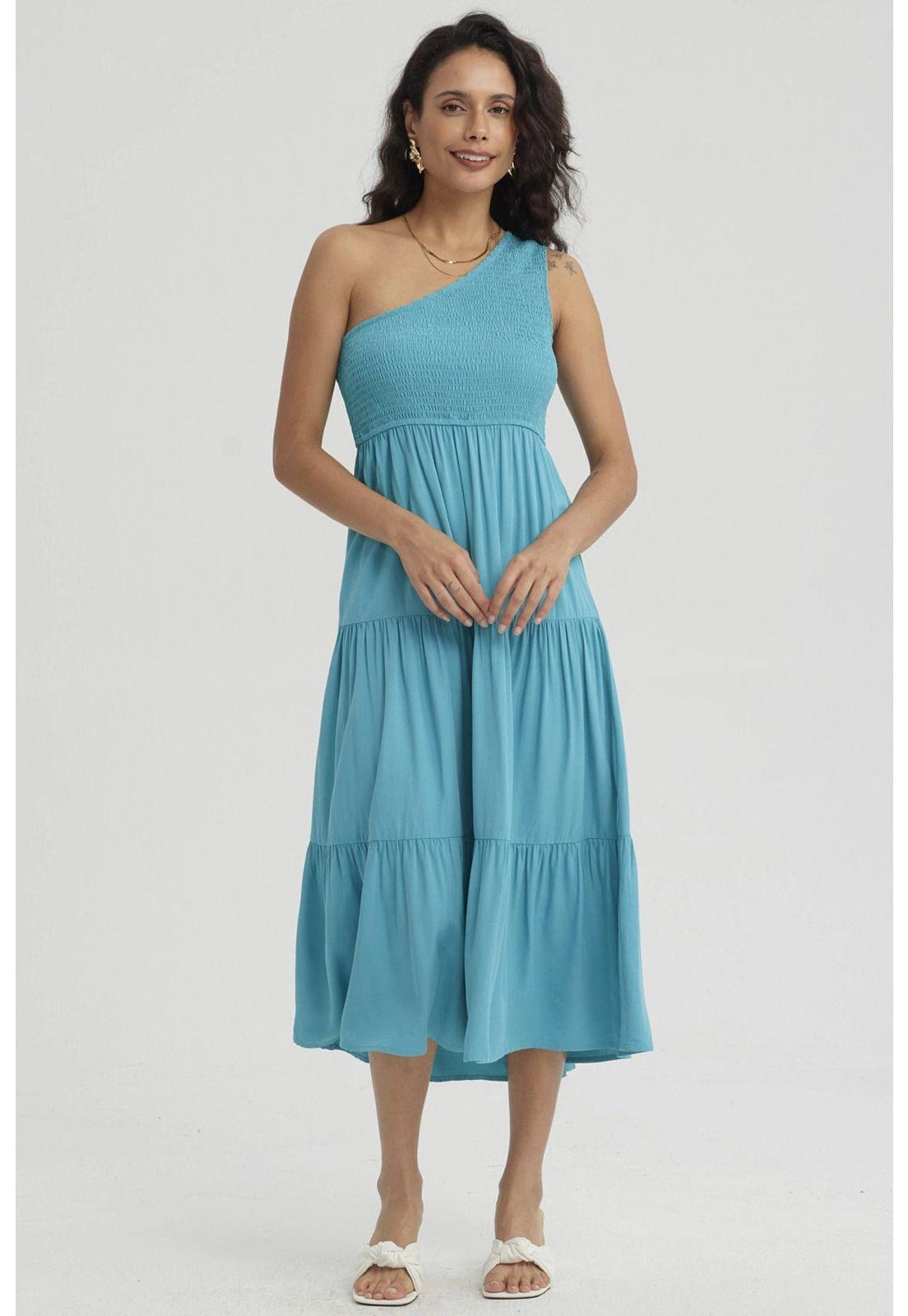 Vestido Mujer Hombro Asimétrico Turquesa-4