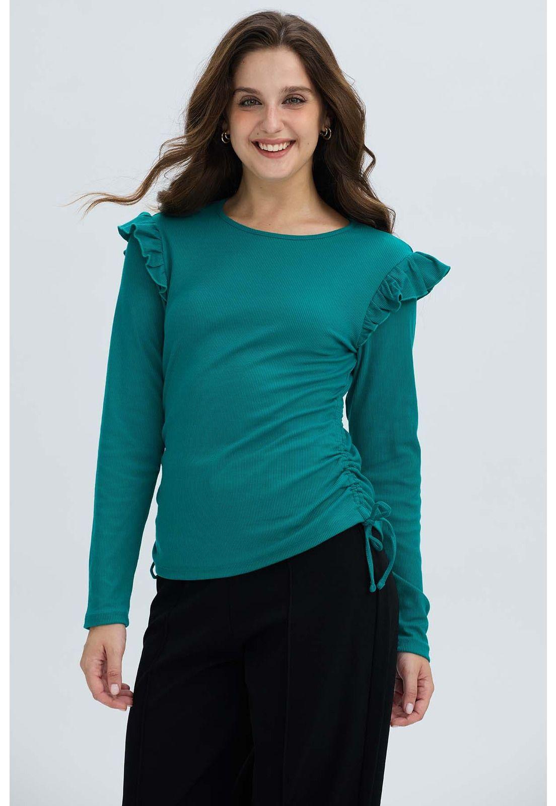 Polera Mujer Con Vuelo Rib Recogido Verde-0