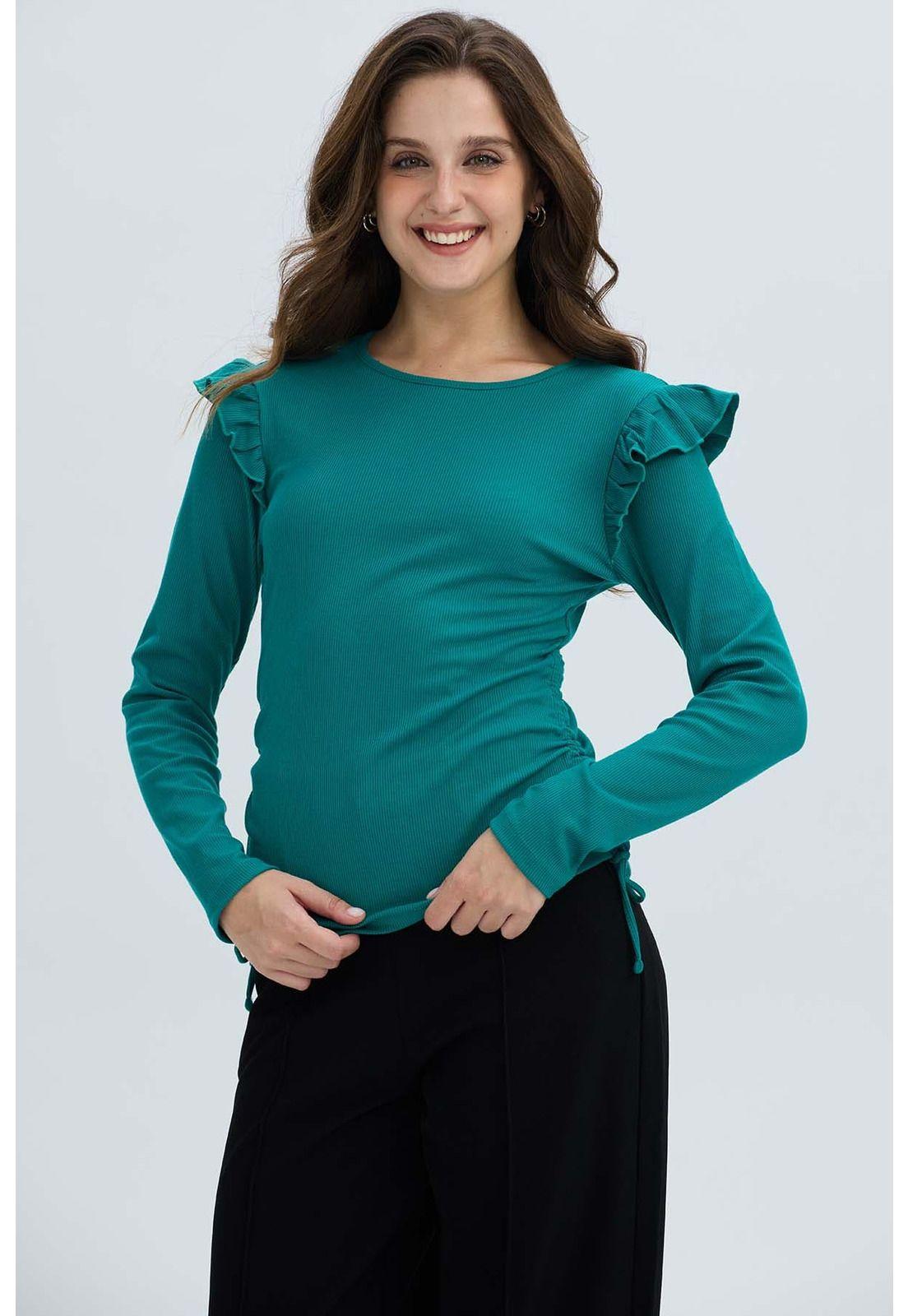 Polera Mujer Con Vuelo Rib Recogido Verde-1
