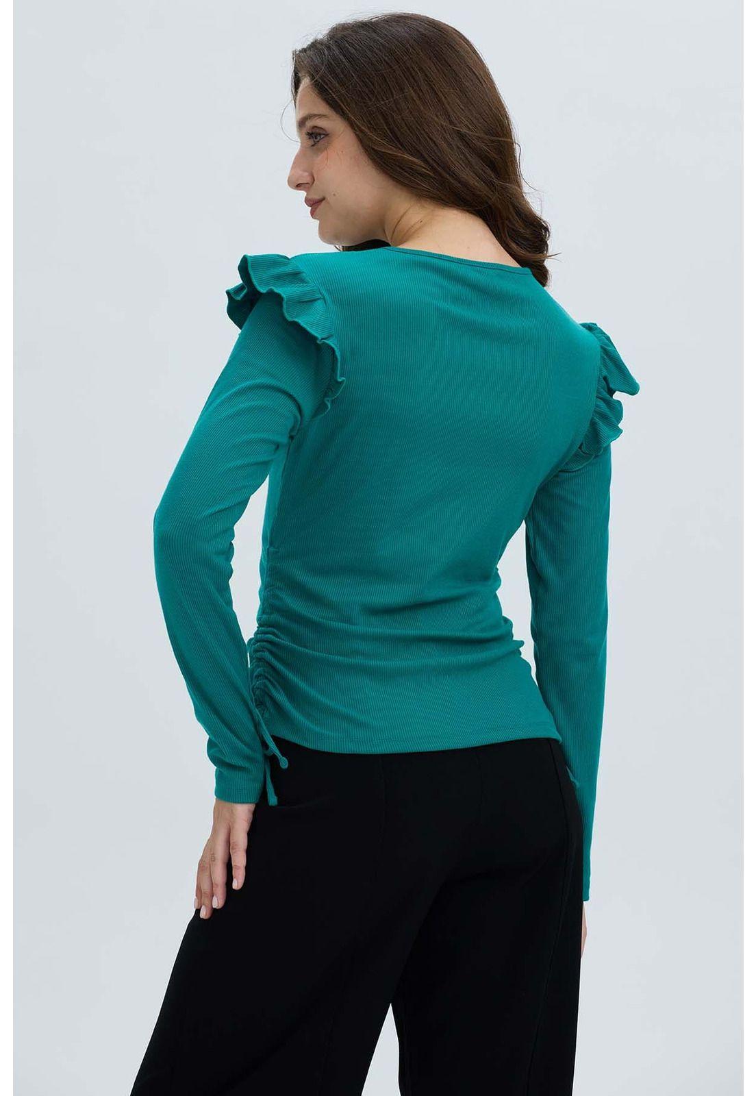 Polera Mujer Con Vuelo Rib Recogido Verde-2