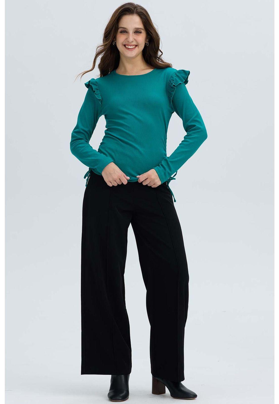 Polera Mujer Con Vuelo Rib Recogido Verde-3