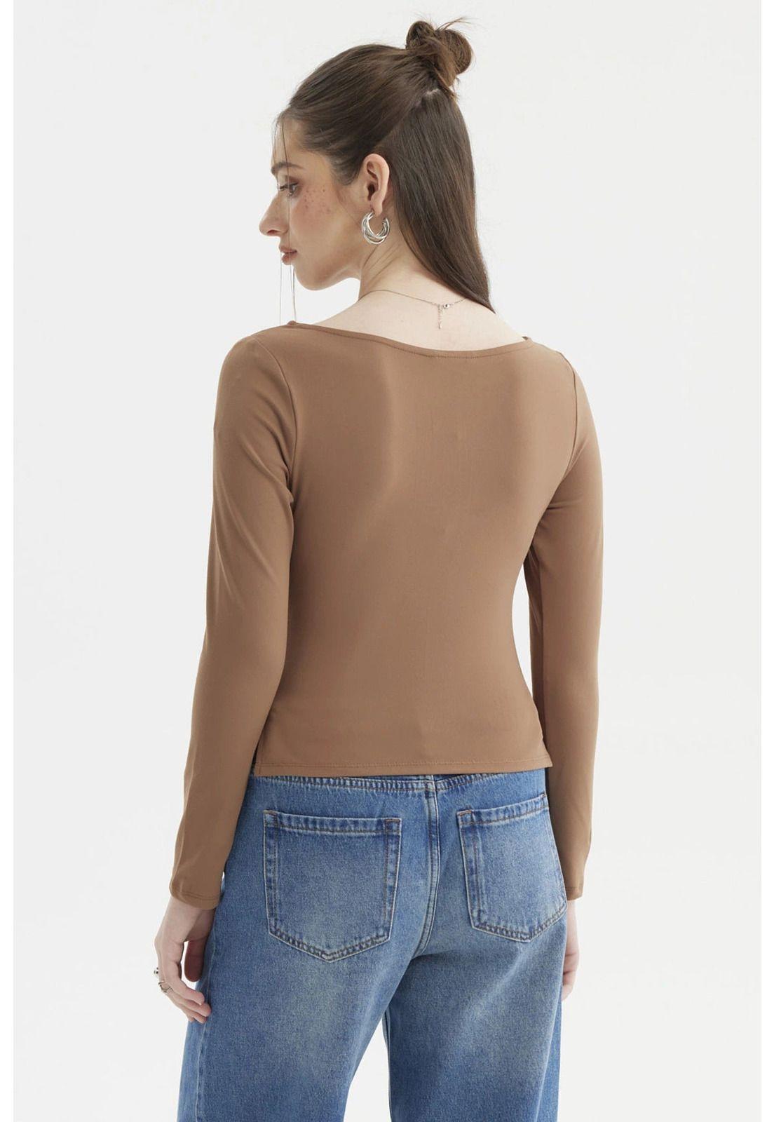 Polera Mujer Cuello Bote Abertura Camel Oscuro-2