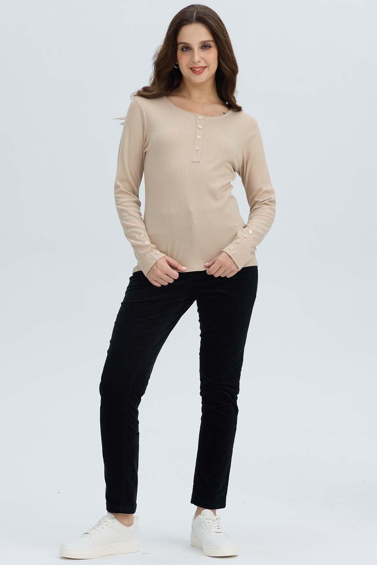 Polera Mujer Botón Rib lisa Beige-2