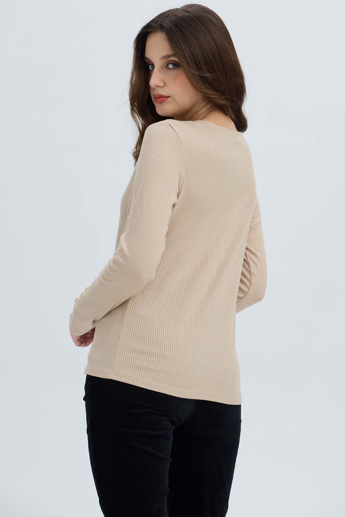 Polera Mujer Botón Rib lisa Beige-3