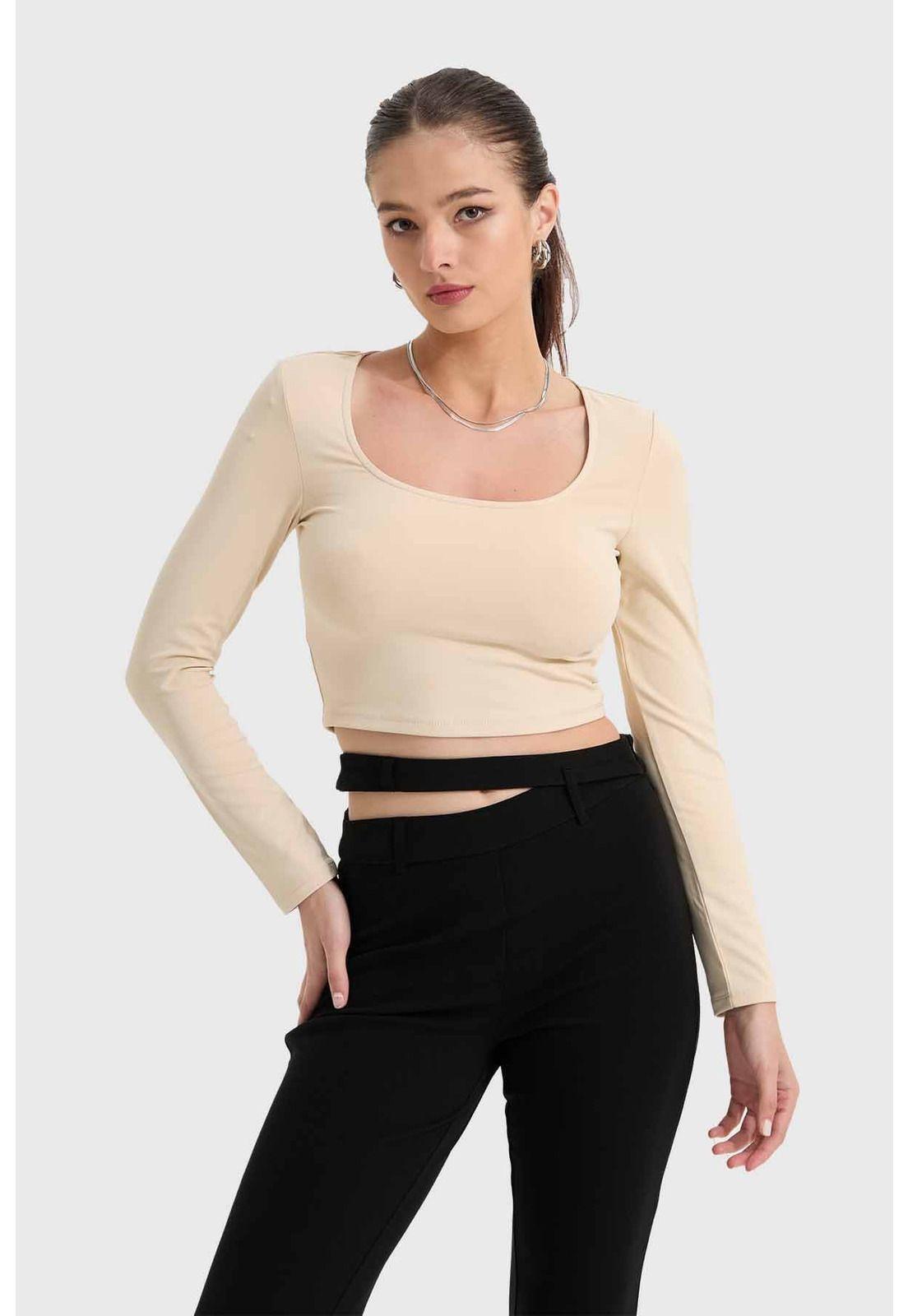 Polera Mujer Escote Cuadrado Beige-0