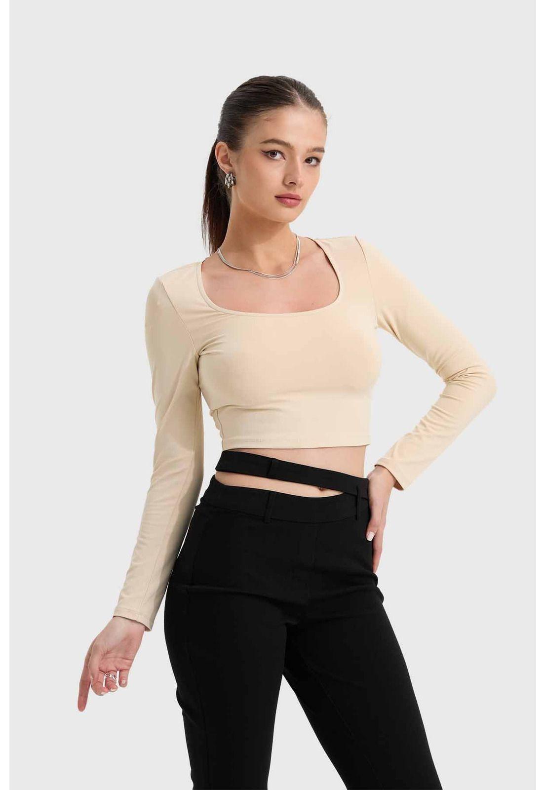 Polera Mujer Escote Cuadrado Beige-1