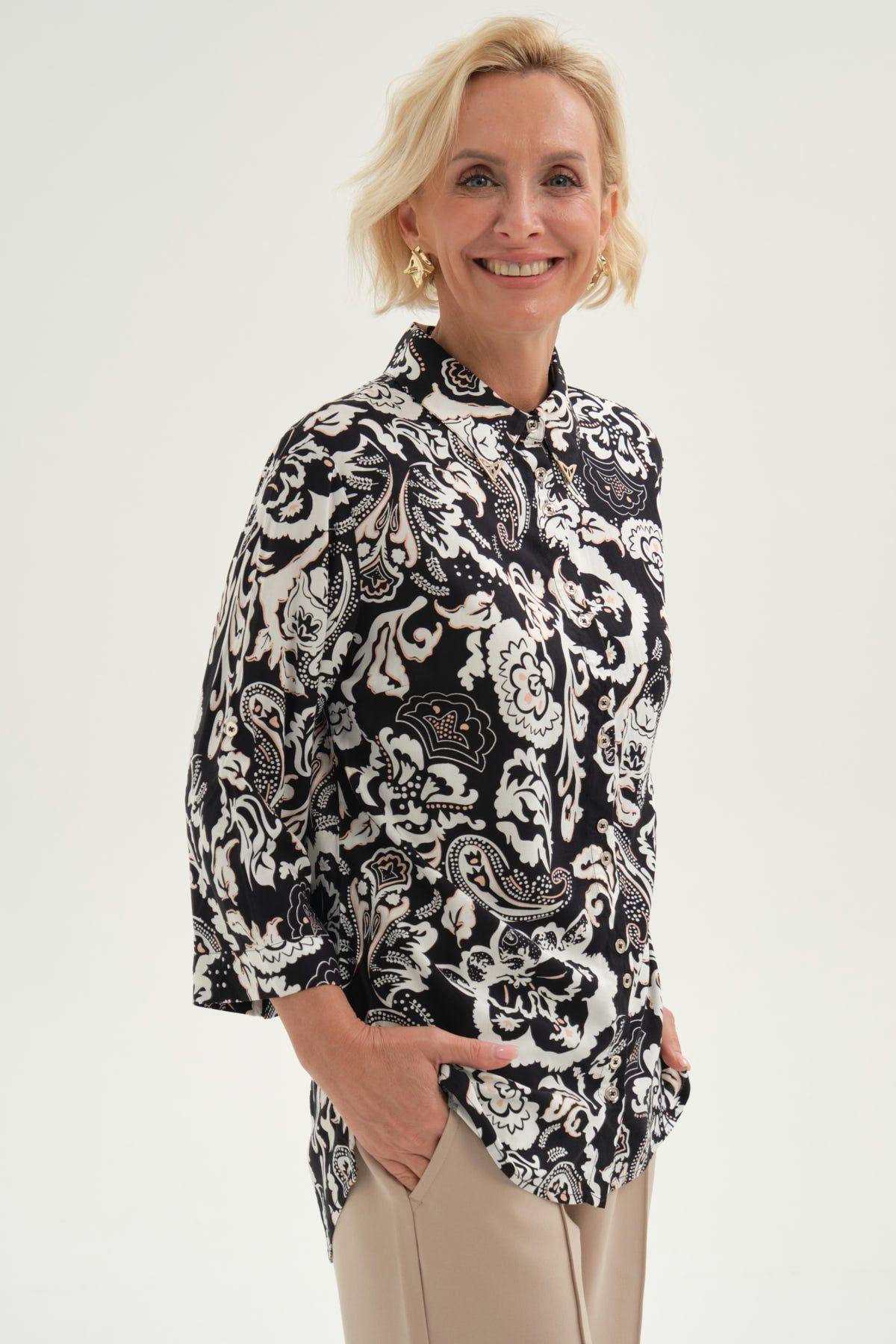 Blusa Mujer Abotonada Roll Up Negro/Crudo-1